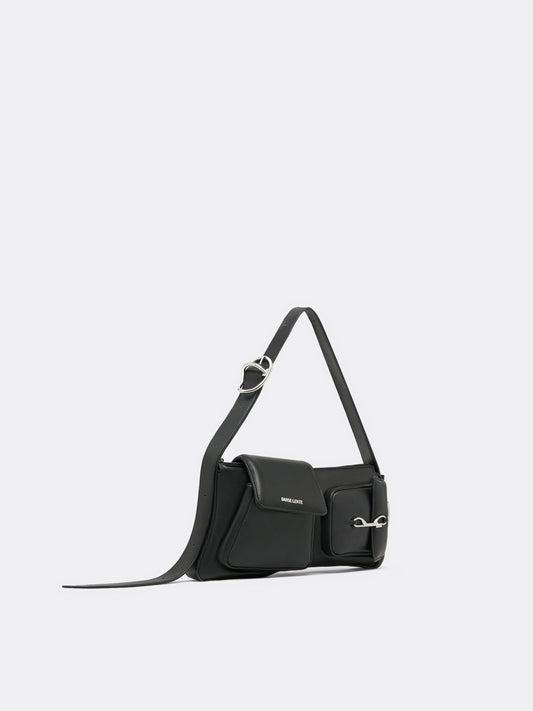 Duo Pocket Cotton Padded Shoulder Bag - Black